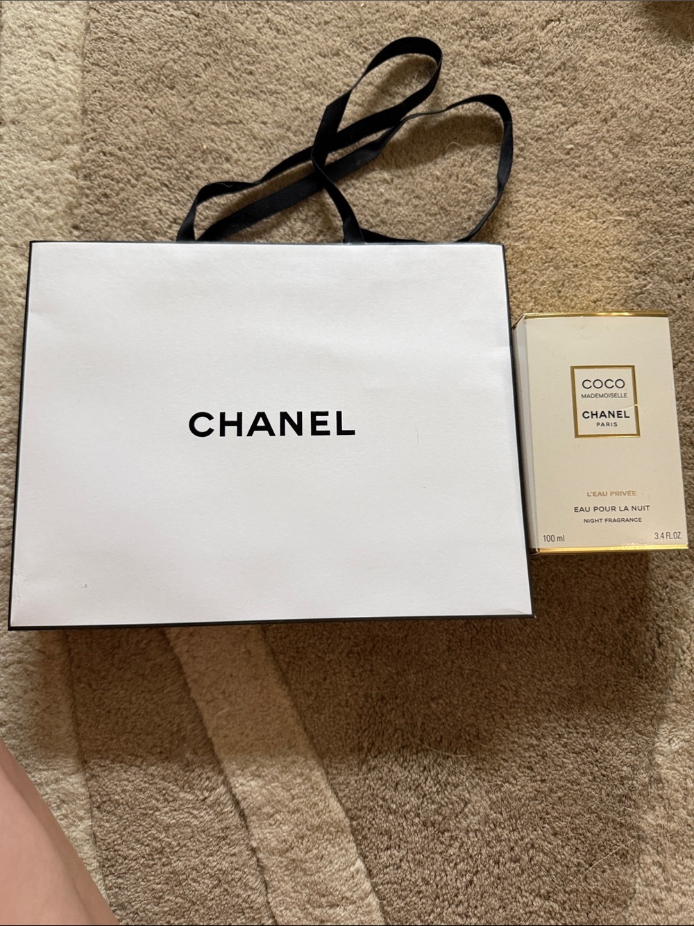 CHANEL White and Gold Shopping Bag with Coco Mademoiselle Box ***EMPTY BOX***